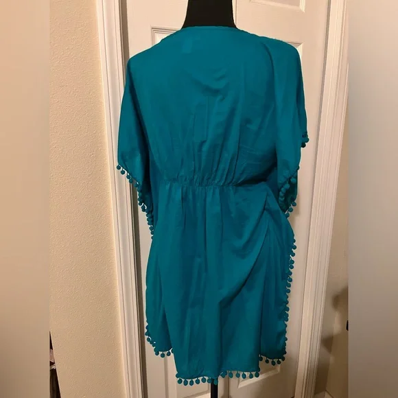 Old Navy Medium Swimsuit Coverup Teal blue green cotton pom poms bathing suit - Picture 5 of 6